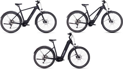 Her ses tre sorte Cube Nuride Hybrid-elcykler, henholdsvis med en diamantramme, en trapezramme og en lavstigelsesramme.