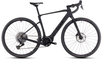 Her ses en sort Cube Nuroad Hybrid Race e-cykel.