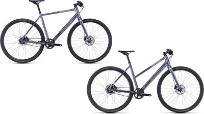 To Cube Hyde Race-cykler, én med diamantstel og én med trapezstel.