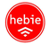 Man kan se Hebie-brandets logo med hvid skrift i klare, fede små bogstaver, indrammet af en rød ellipse.