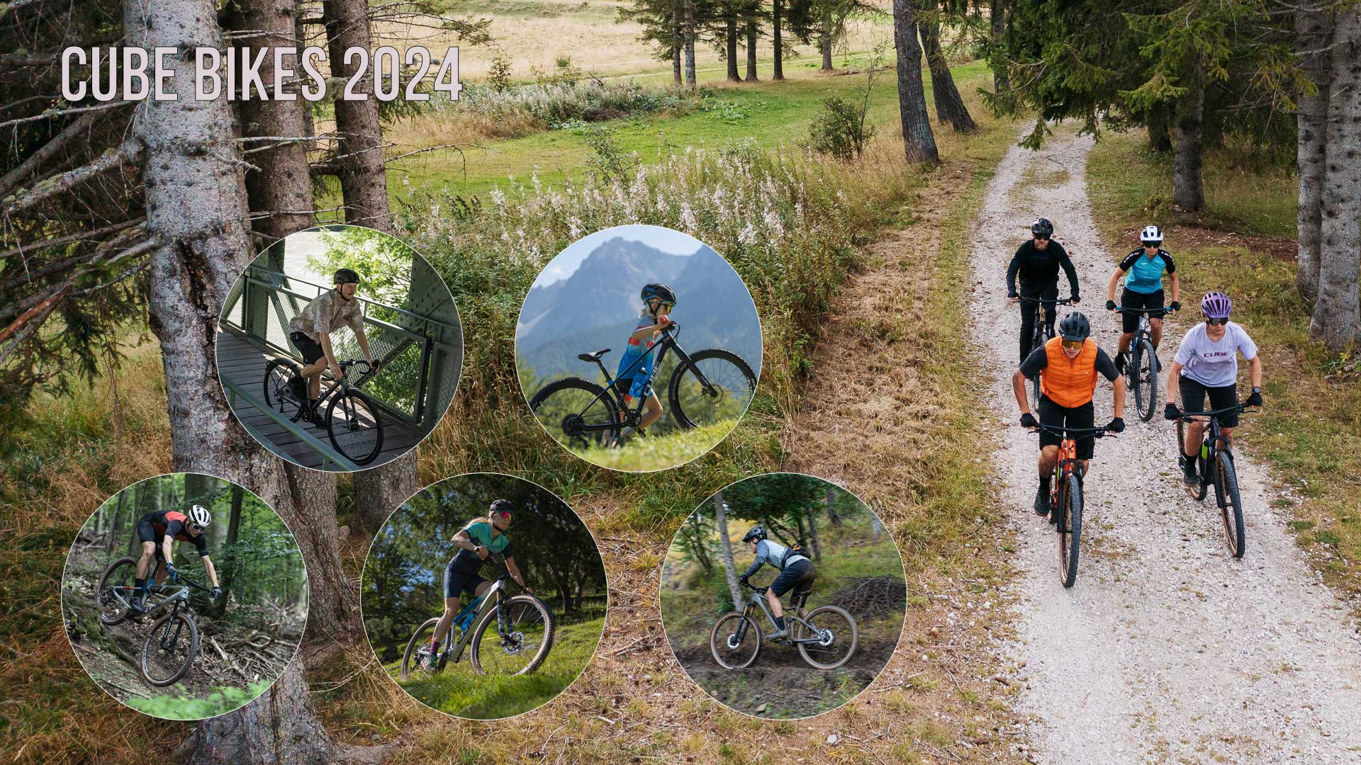 Banner med titlen „Cube Bikes 2024“ med billeder af cyklister på forskellige Cube-cykler, herunder gravelcykler, børnecykler, mountainbikes og fuldt affjedrede cykler.