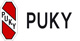 Man kan se logoet for mærket Puky med sort skrift i klare, fede store bogstaver, placeret i en rød, lodret sekskant med sort kant.