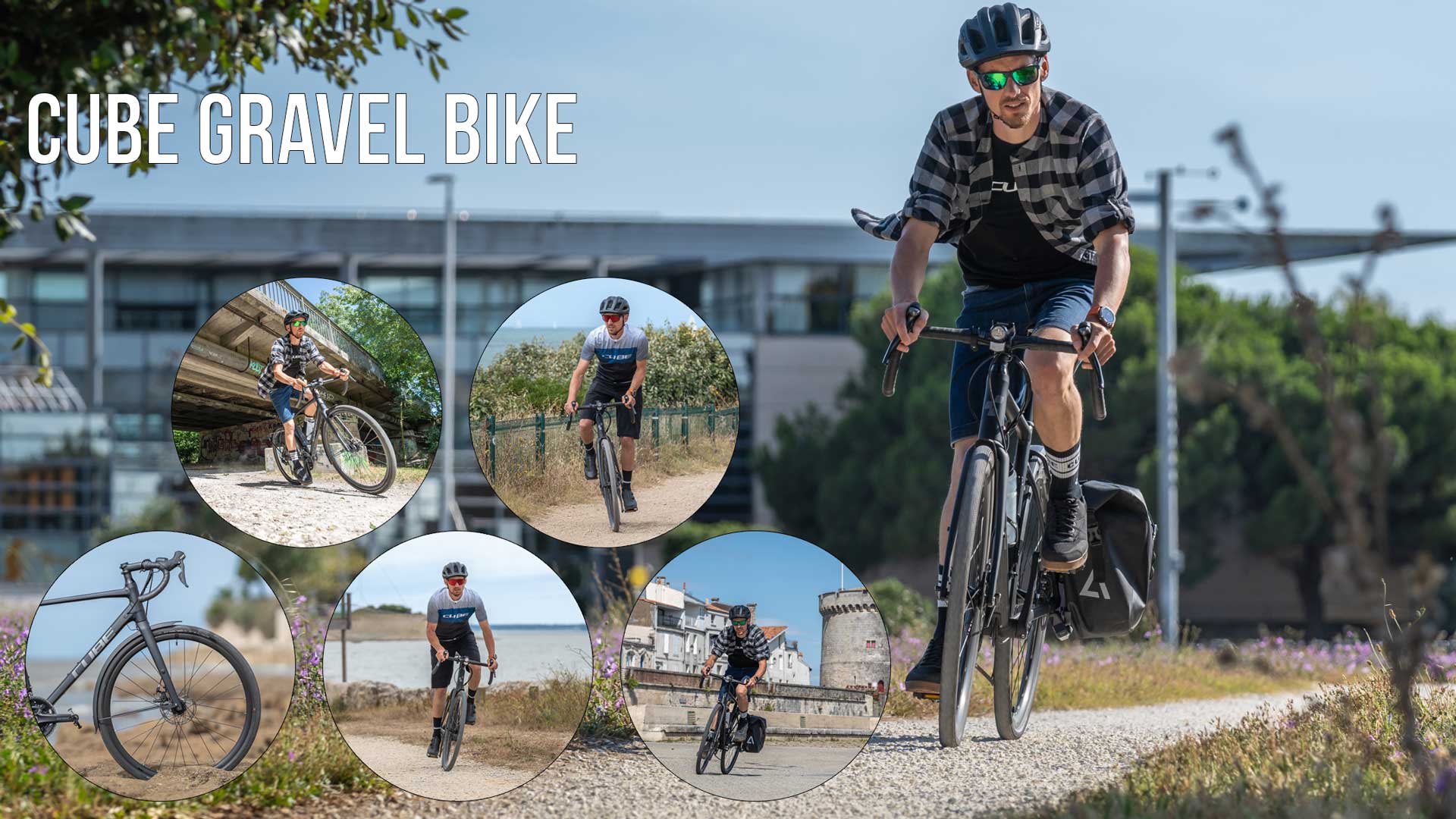 Her ses en billedcollage med teksten »Cube Gravel Bike«. Herpå ses flere billeder af cyklister på en gravelcykel.