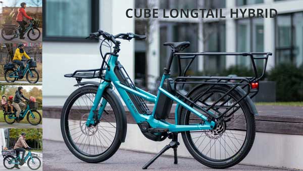 Her ses en lille billedcollage med titlen »Cube Longtail Hybrid«. Her er den blå Cube-lastcykel afbildet i forskellige anvendelsessituationer.