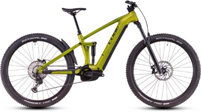 Her ses en gul Cube Stereo Hybrid ONE44 Pro-elcykel.