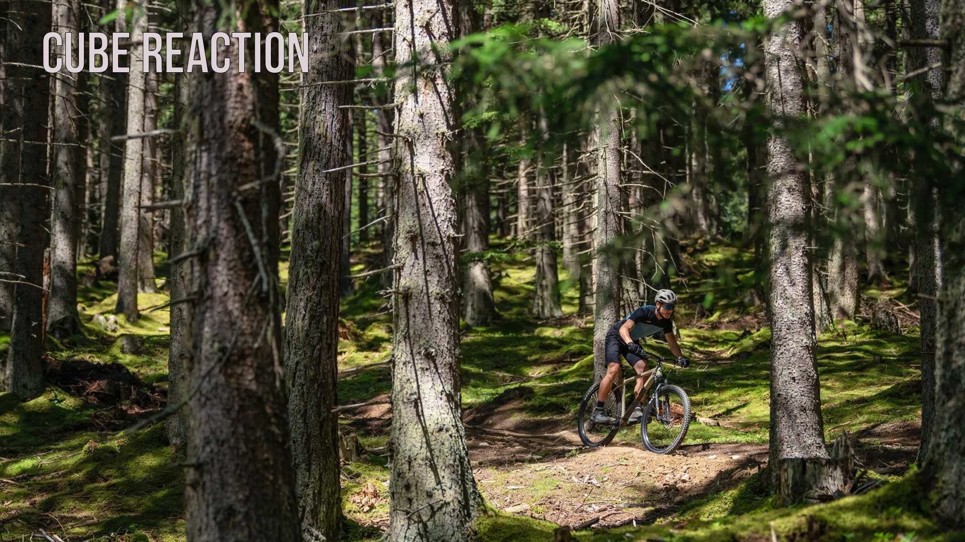 En cyklist kører gennem en skov på en Cube Reaction hardtail-mountainbike; billedets overskrift er „Cube Reaction“.