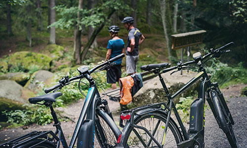 I forgrunden ses to trekkingcykler, bag dem to cyklister, der kigger på skoven.