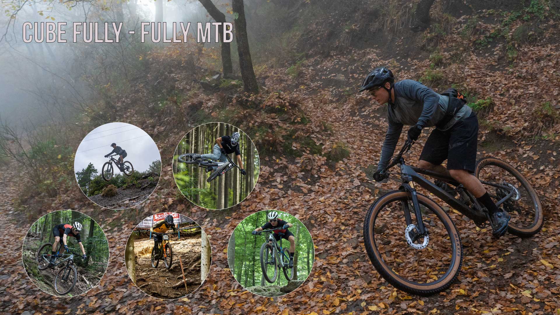 Her ses en billedcollage med titlen „Cube Fully – Fully MTB“, hvor man kan se downhill-ryttere i imponerende stillinger.