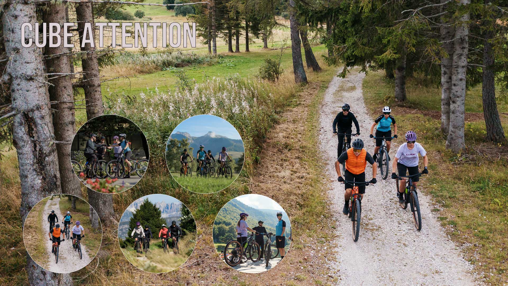 Cyklister på Cube Attention hardtail-mountainbikes. Fem cirkulære billeder viser cyklister på Cube Attention hardtail-mountainbikes i forskellige situationer.