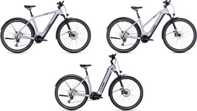 Her ses tre hvide Cube Nuride Hybrid-elcykler, henholdsvis med en diamantramme, en trapezramme og en lavstigningsramme.