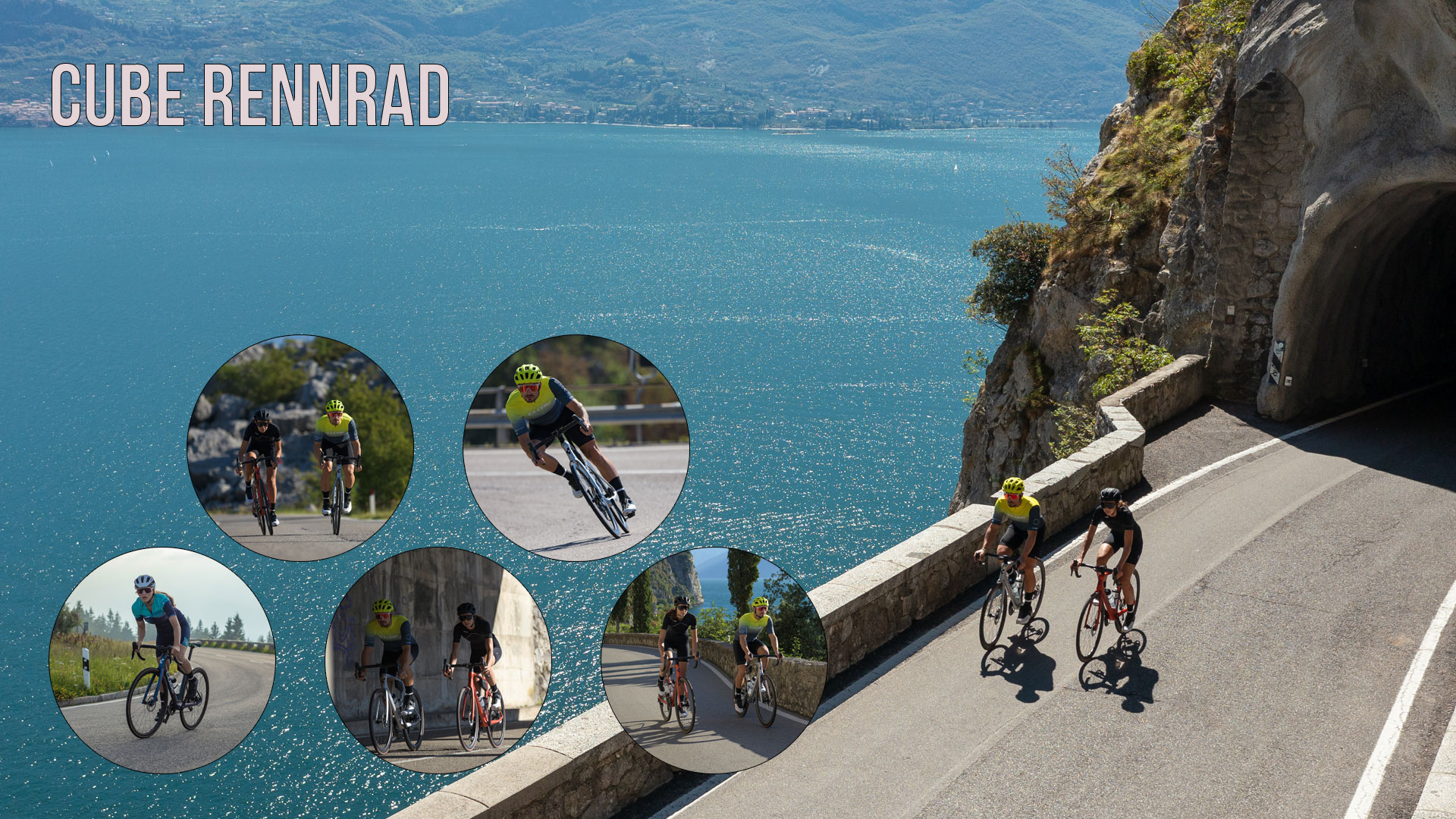 Her ses en billedcollage med titlen »Cube Rennrad«. Her ses flere landevejscyklister.