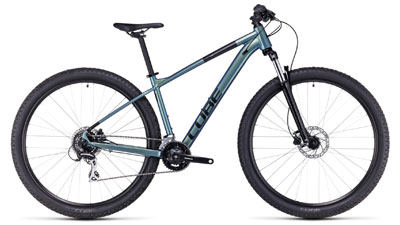 Cube Aim Pro-mountainbike i skinnende, blid mørkegrøn.