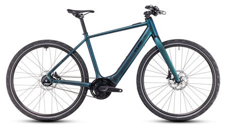 Her ses en blå Cube Editor Hybrid SLT e-cykel.