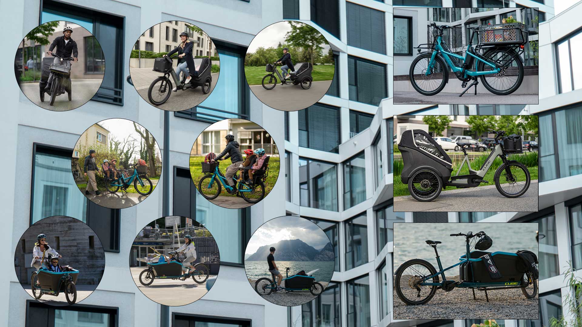 Her ses en billedcollage, der viser forskellige situationer, hvor man kører på en ladcykel. Her illustreres de forskellige anvendelsesmuligheder for en ladcykel.