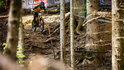En downhill-rytter kører ned ad en skrænt med mange rødder.
