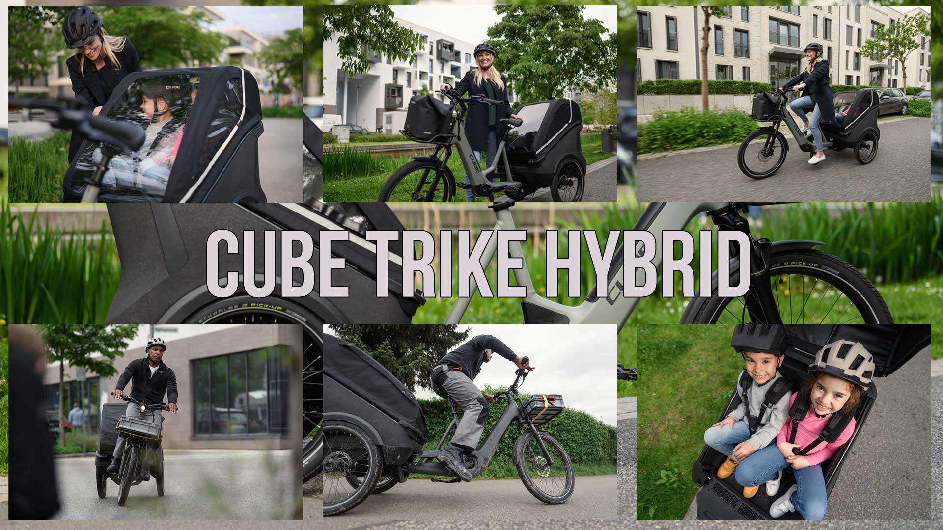 Her ses en billedcollage med titlen »Cube Trike Hybrid«, der viser Cube Trike-lastcyklen i forskellige anvendelsessituationer.