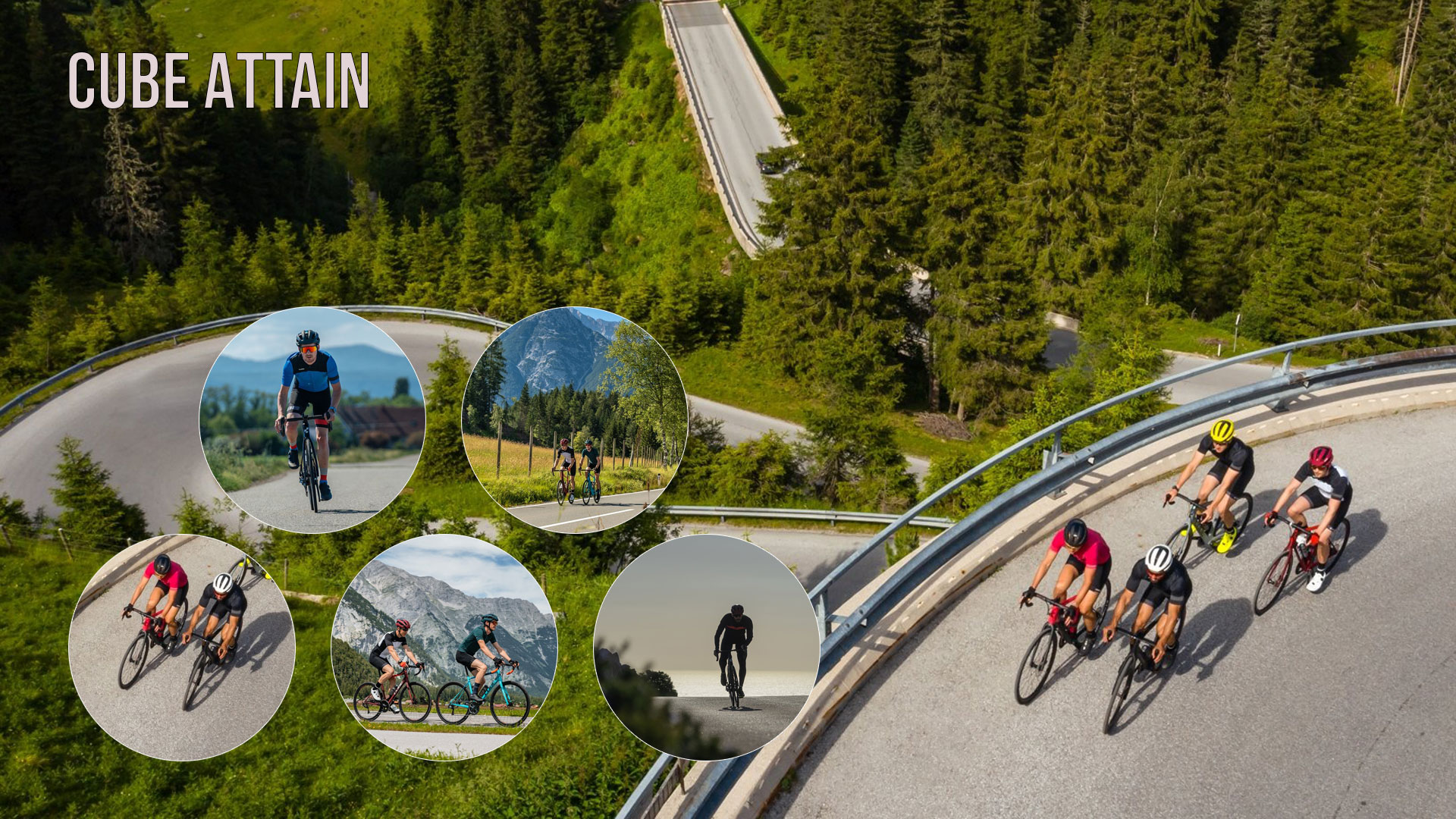 Banner med teksten „Cube Attain“. Fire cyklister kører på en motorvej på Cube Attain-racercykler. Fem cirkelformede billeder viser dem ligeledes på motorveje.