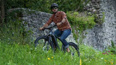 En cyklist kører på sin mountainbike gennem en eng, med en stenmur i baggrunden.
