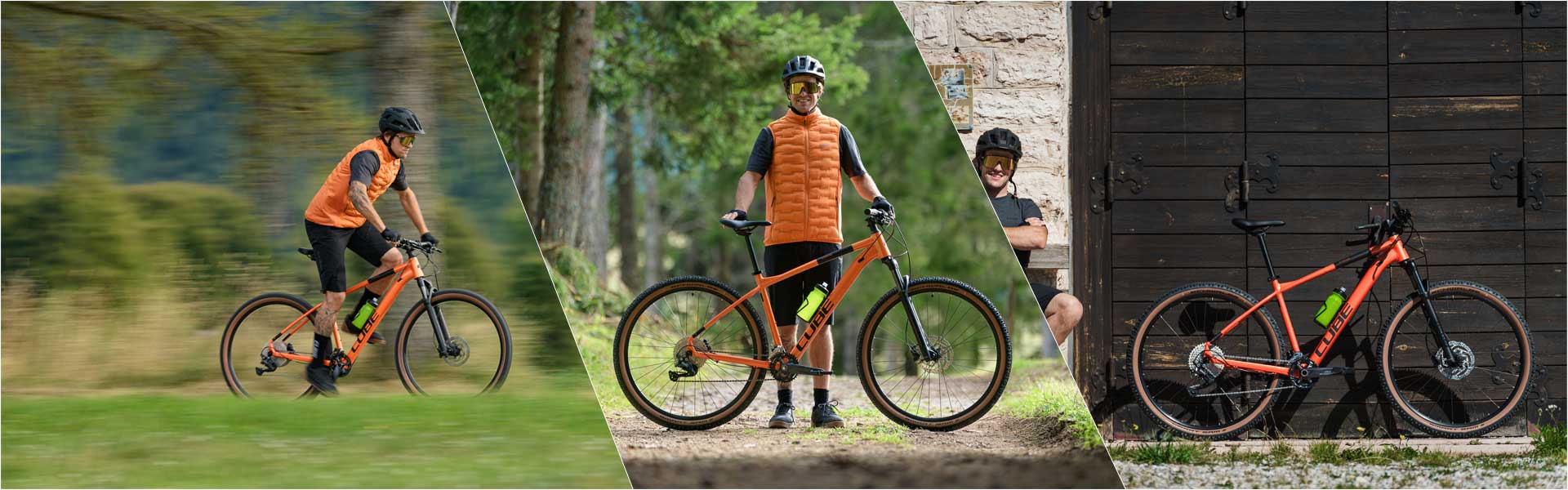 Banner med tre billeder, adskilt af hvide linjer. Til venstre cykler en cyklist stående på en Cube Attention Hardtail-mountainbike. I midten står han bag cyklen og holder fast i den. Til højre sidder han på en bænk, mens Cube Attention-cyklen står op ad væggen.