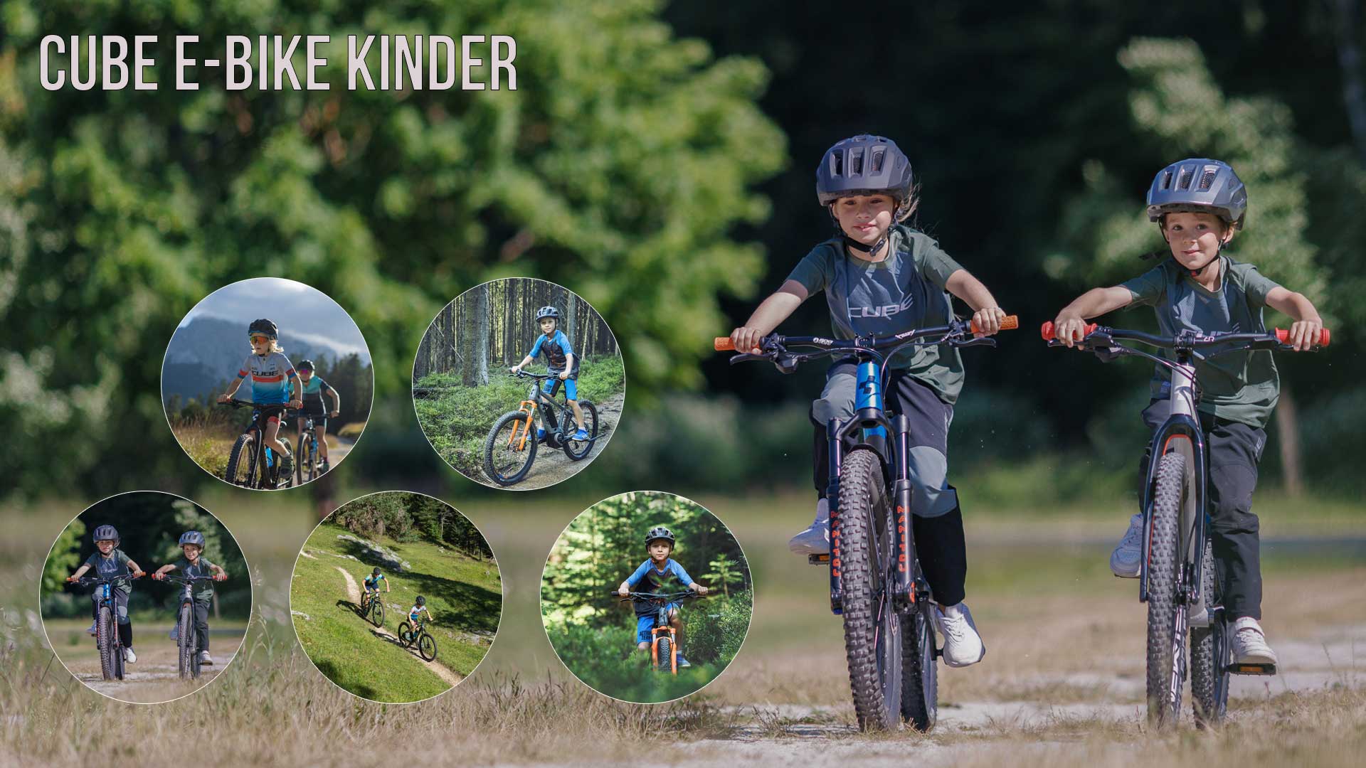 Her ses en billedcollage med titlen »Cube E-Bike Kinder«. Den viser flere billeder af børn på cykel i forskellige landskaber.