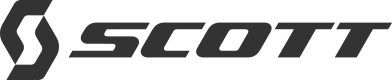 Man kan se Scott-brandets logo med sort skrift i klare, smalle store bogstaver, til venstre for det et stiliseret sort symbol i form af et kantet »S«.