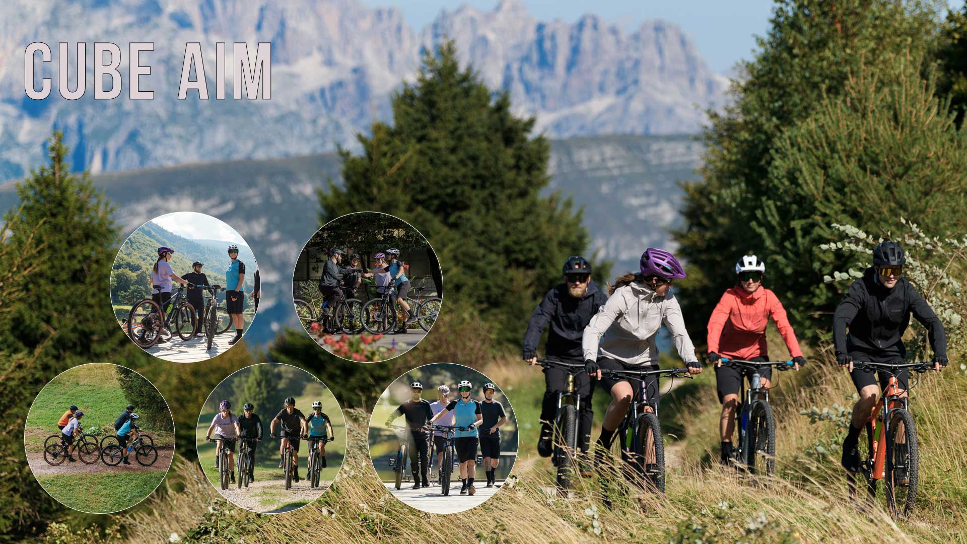Banner med teksten „Cube Aim“. I baggrunden cykler to kvinder og to mænd på Cube Aim-mountainbikes. Fem små cirkelformede billeder viser hver fire cyklister på Cube Aim-cykler.
