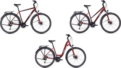 Tre Cube Touring EXC-cykler ved siden af hinanden: en med diamantstel, en med trapezstel og en med lavt stigehøjde.