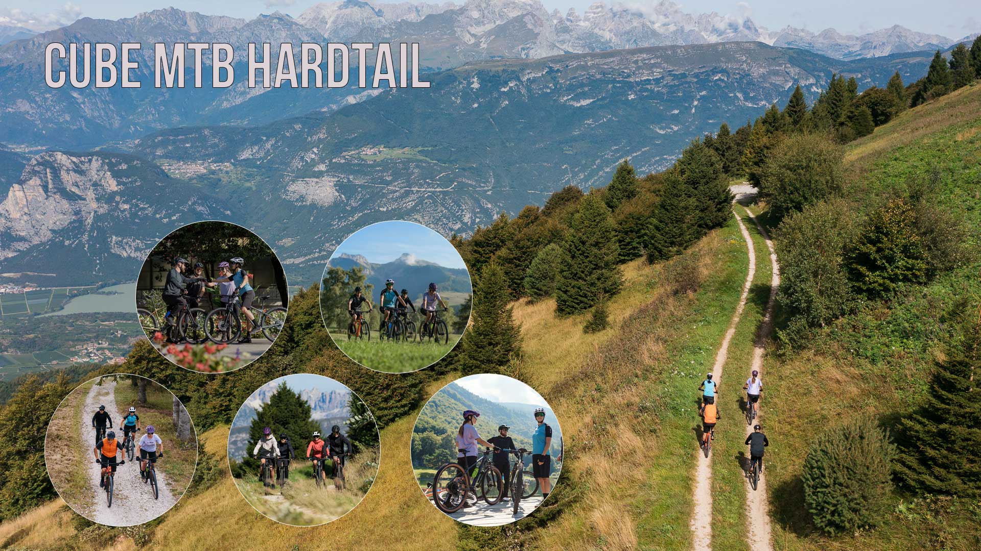 Her ses en billedcollage med titlen »Cube Mtb Hardtail«, hvor man ser grupper af mennesker, der cykler sammen.