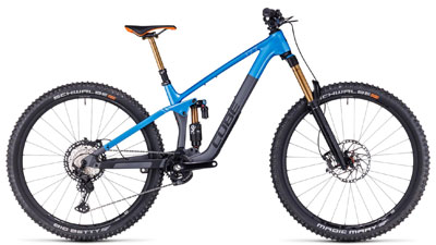 Cube Stereo ONE55 C:62 SLT fuldt udstyret mountainbike i blå med grå underramme.