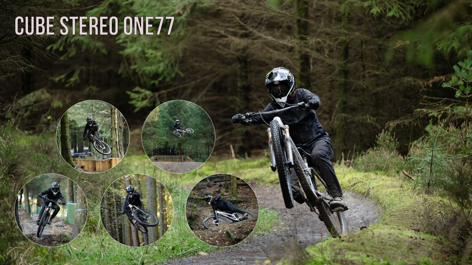 Banner med titlen „Cube Stereo ONE77“. En cyklist med fuldhjelm kører på baghjulet af en Cube Stereo ONE77 Fully-mountainbike, mens forhjulet er i luften. Fem cirkelformede billeder viser ham i skoven, og på tre af dem springer han op.
