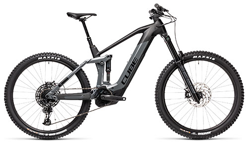 En grå Cube Stereo Hybrid 160 HPC Sl mountainbike med sorte detaljer