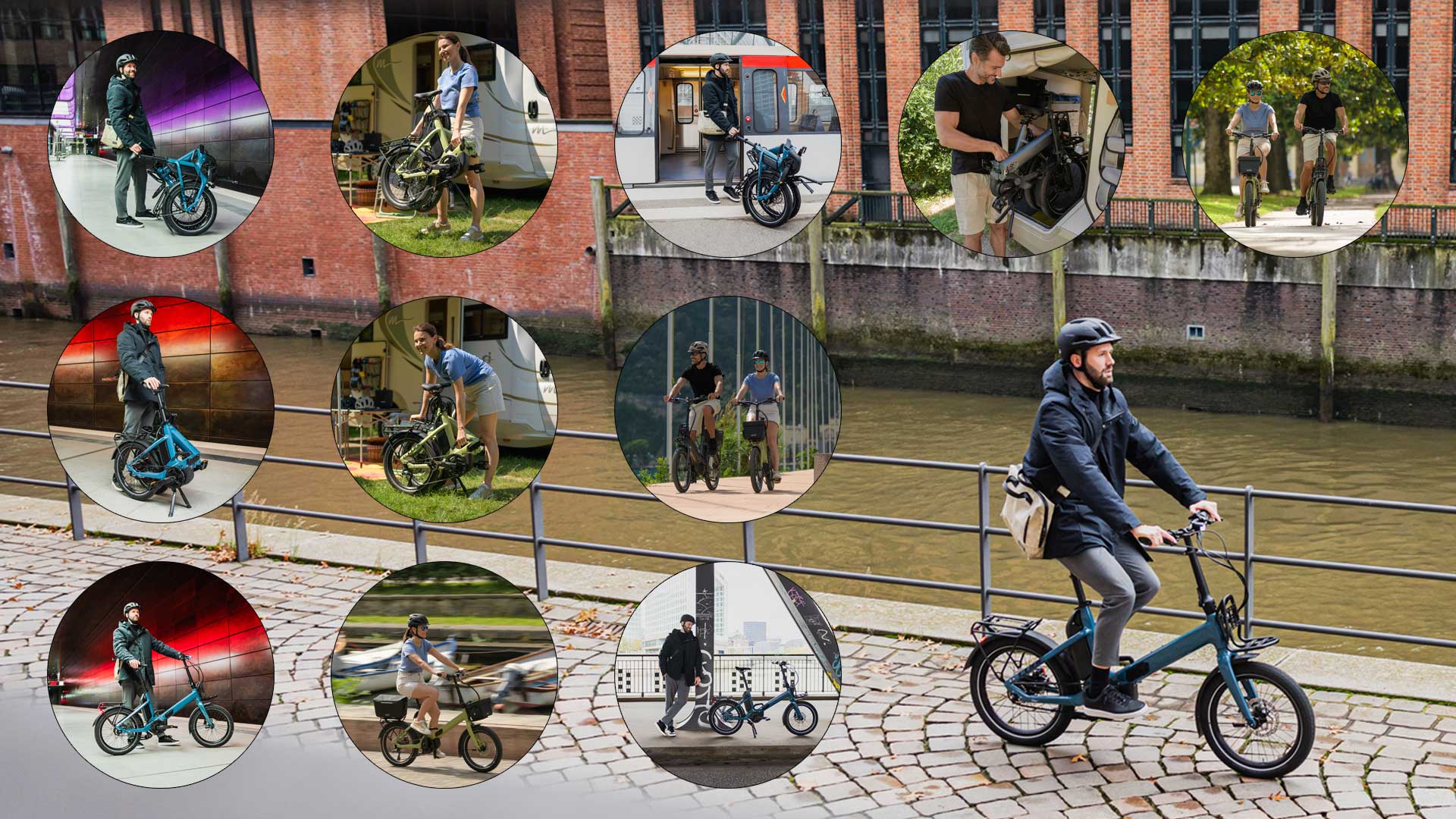 Her ses en billedcollage af mennesker, der er på farten med en sammenklappelig cykel i forskellige situationer.