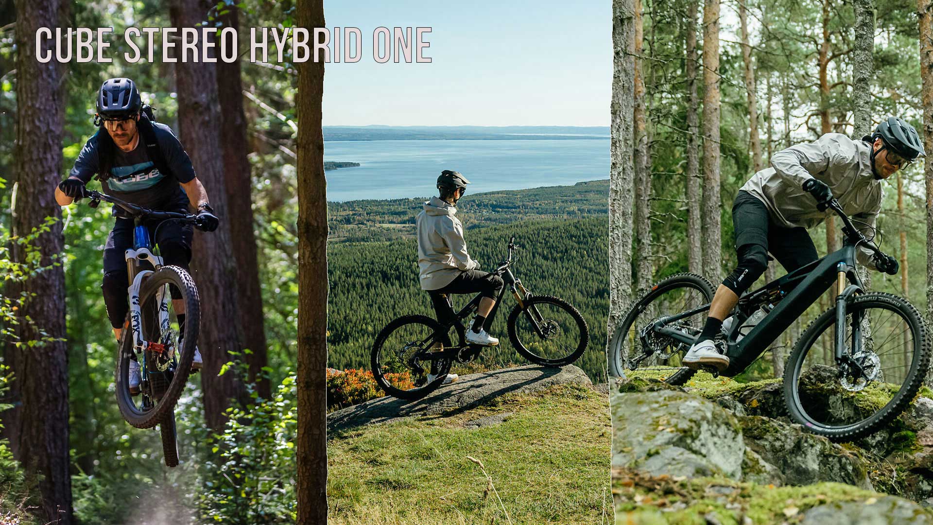 Her ses en billedcollage med titlen »Cube Stereo Hybrid ONE«, hvor flere cyklister er på farten i et skovklædt landskab.