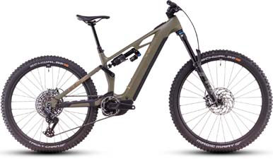 Her ses en brun Cube Stereo Hybrid ONE77 HPC TM e-cykel.