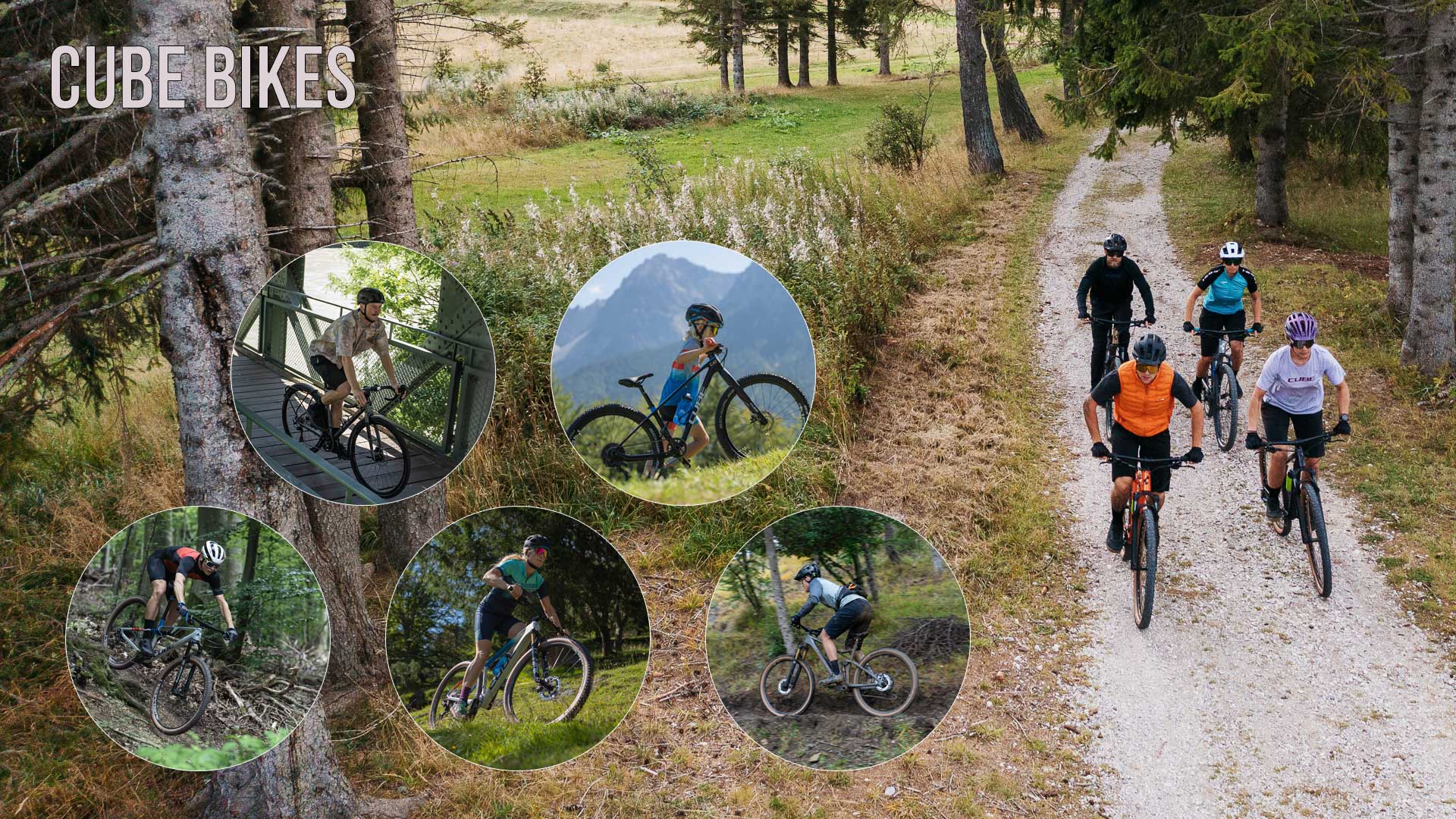 Her ses en billedcollage med titlen Cube Bikes. Den består af flere billeder af mennesker på cykel.