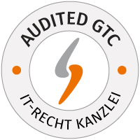 Der vises et rundt logo for IT-Recht-Kanzlei i gul og hvid med ordet »AUDITED GTC«.