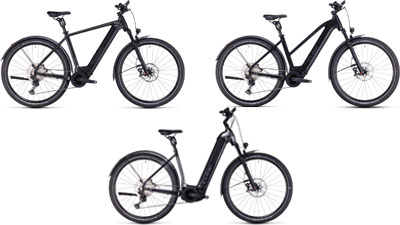 Her ses tre sorte Cube Nuride Hybrid-elcykler, henholdsvis med en diamantramme, en trapezramme og en lavstigningsramme.