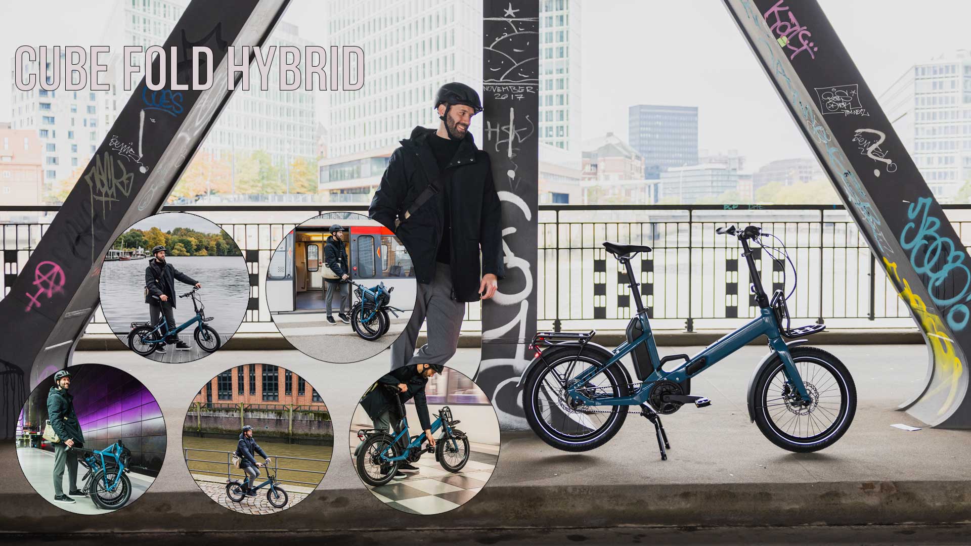 Her ses en billedcollage med titlen »Cube Fold Hybrid«, hvor man kan se flere cyklister på en Cube Fold Hybrid i bymiljøer.
