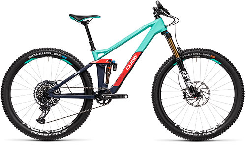 Cube Fully-mountainbike til kvinder i turkisgrøn og rød.
