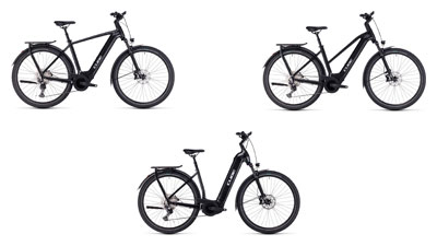 Her ses tre sorte Cube Kathmandu Hybrid-elcykler, henholdsvis med en diamantramme, en trapezramme og en lavstigeramme.