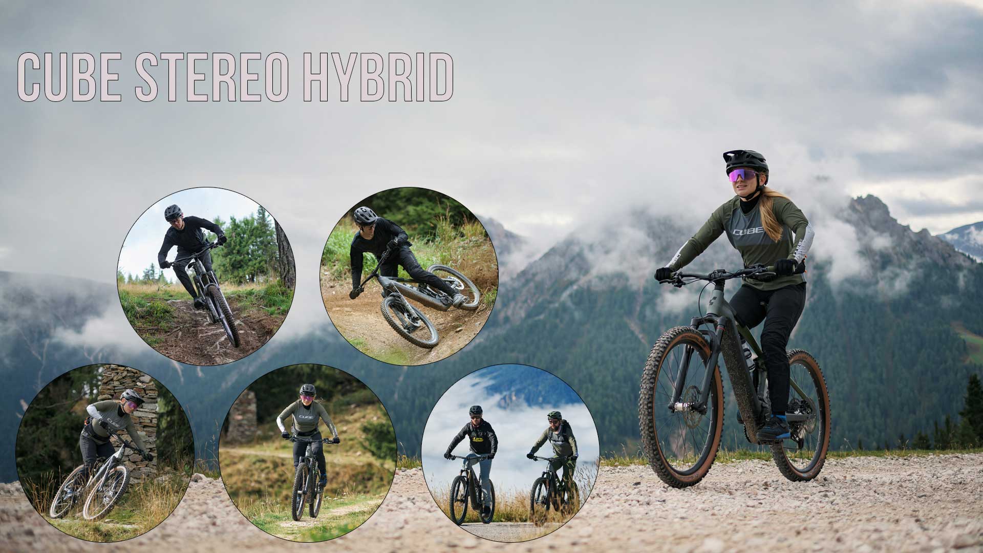 Her ses en billedcollage med titlen »Cube Stereo Hybrid«. På billedet ses flere cyklister, der er på tur i et bjergrigt og skovklædt landskab.