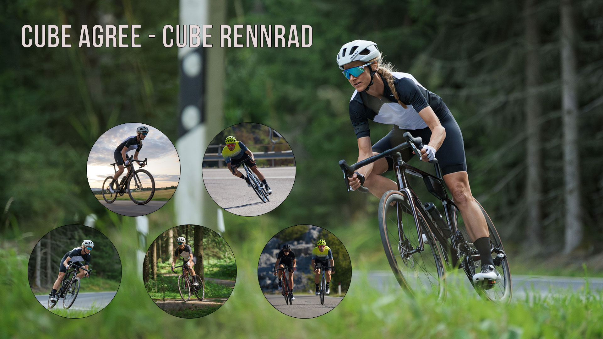 Banner med titlen „Cube Agree – Cube racercykel“. En kvinde cykler ad en vej på en Cube Agree racercykel. Fem cirkelformede billeder viser hende og andre cyklister på Cube Agree racercykler i fuld fart.
