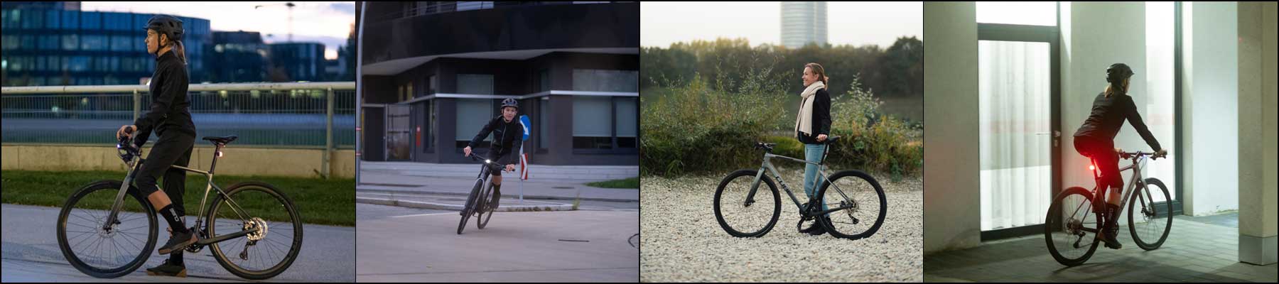 Banner med fire billeder af en cyklist på en Cube Nulane-cykel i forskellige situationer på vejen.