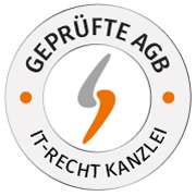 Der vises et rundt logo for IT-Recht-Kanzlei i gul og hvid med mærket AUDITED.