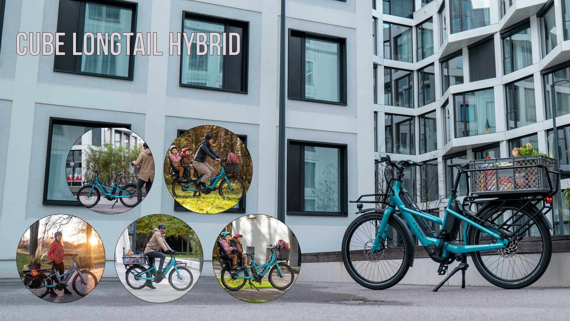 Her ses en billedcollage med titlen »Cube Longtail Hybride«, der viser flere billeder af cyklister på en Cube Longtail i bymiljøet.