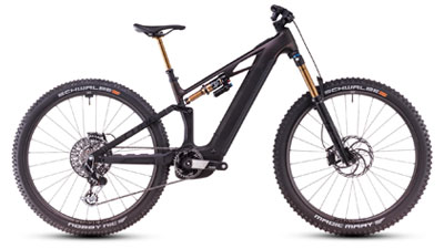 Her ses en grå Cube Stereo Hybrid ONE22 e-cykel med gyldne støddæmpere.
