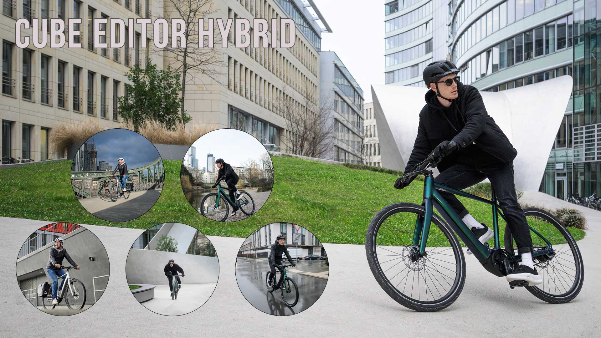 Her ses en billedcollage med titlen »Cube Editor Hybrid«, hvor man kan se flere cyklister på en Cube Editor Hybrid i bymiljøer.