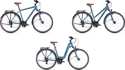 Tre Cube Touring One-cykler ved siden af hinanden: en med diamantstel, en med trapezstel og en med lavt stigehøjde.