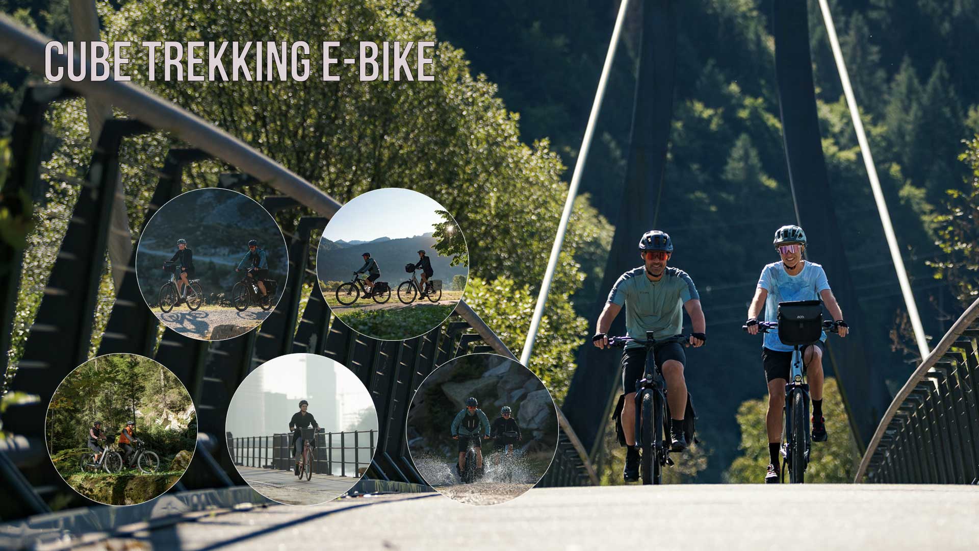 Her ses en billedcollage med titlen »Cube Trekking E-Bike«. Her ses flere cyklister, der kører gennem forskellige landskaber.