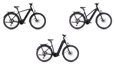 Her ses tre sorte Cube Kathmandu Hybrid-elcykler, henholdsvis med en diamantramme, en trapezramme og en lavstigeramme.
